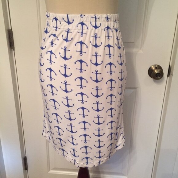 THREE ISLANDS SKIRT PENCIL JERSEY WHITE BLUE ANCHOR PRINT COTTON tagged M fits S - Picture 1 of 5